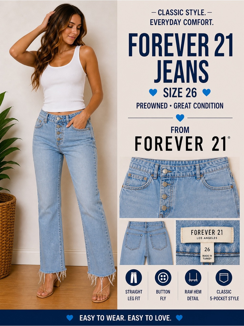 Forever 21 Light Blue Straight Leg Button-Fly Jeans